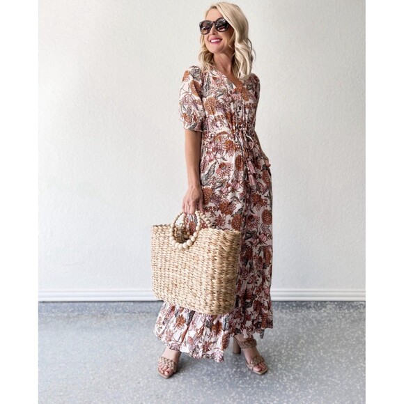 Boho Moody Fall Floral XXL Ruffled Puff Sleeve Button Down Maxi Dress Knox Rose - Picture 1 of 14